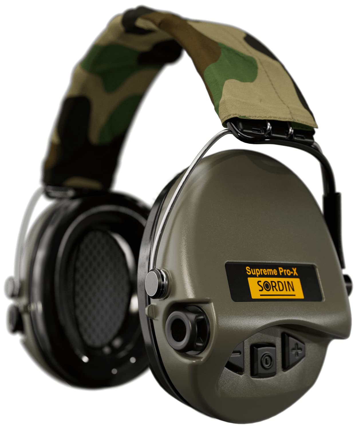 Sordin Pro-X Ear Muffs for Hunting and Shooting - Active and Electronic Ear Defenders with Camo Headband - Gel Pads